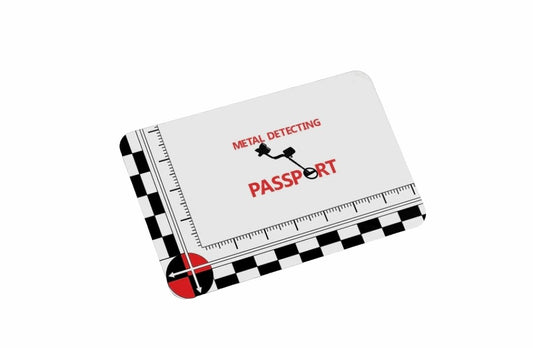 a white card with a black and red checkered border